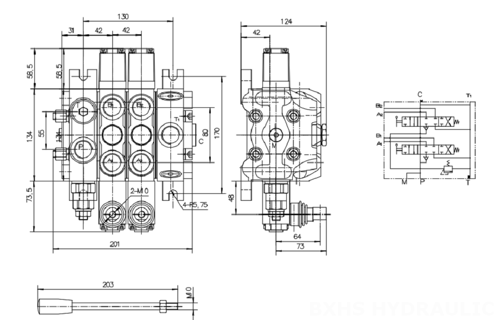 DCV100 手控 2路 分片换向阀 drawing image