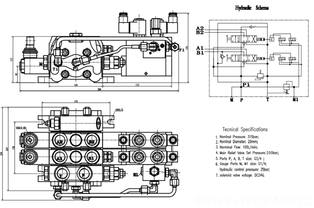 DCV100 电液控 2路 分片换向阀 drawing image