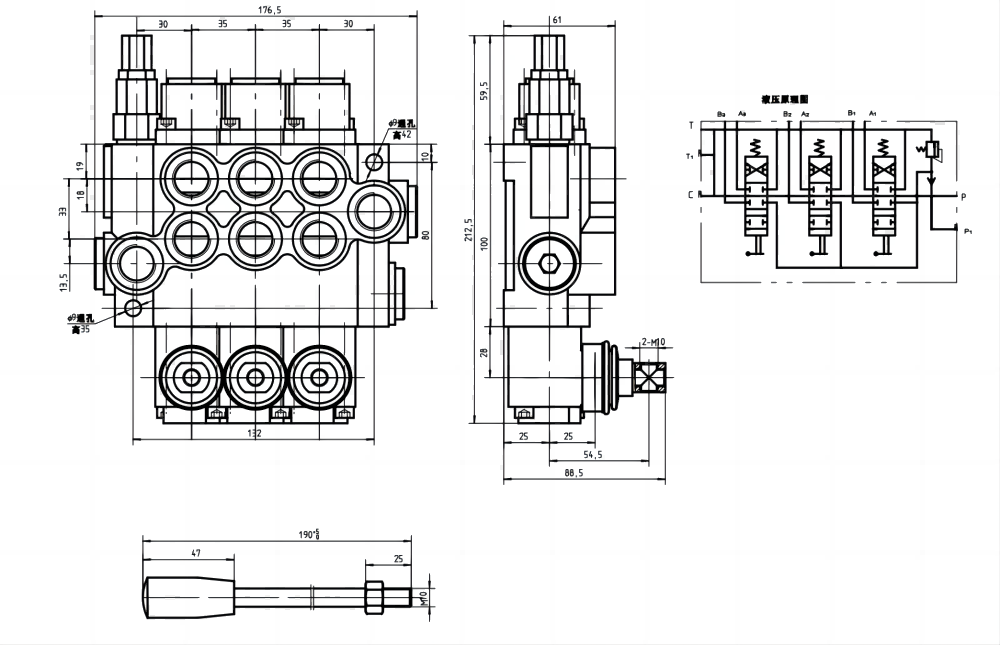 P40-G12-G38-OT 手控 3路 整体换向阀 drawing image