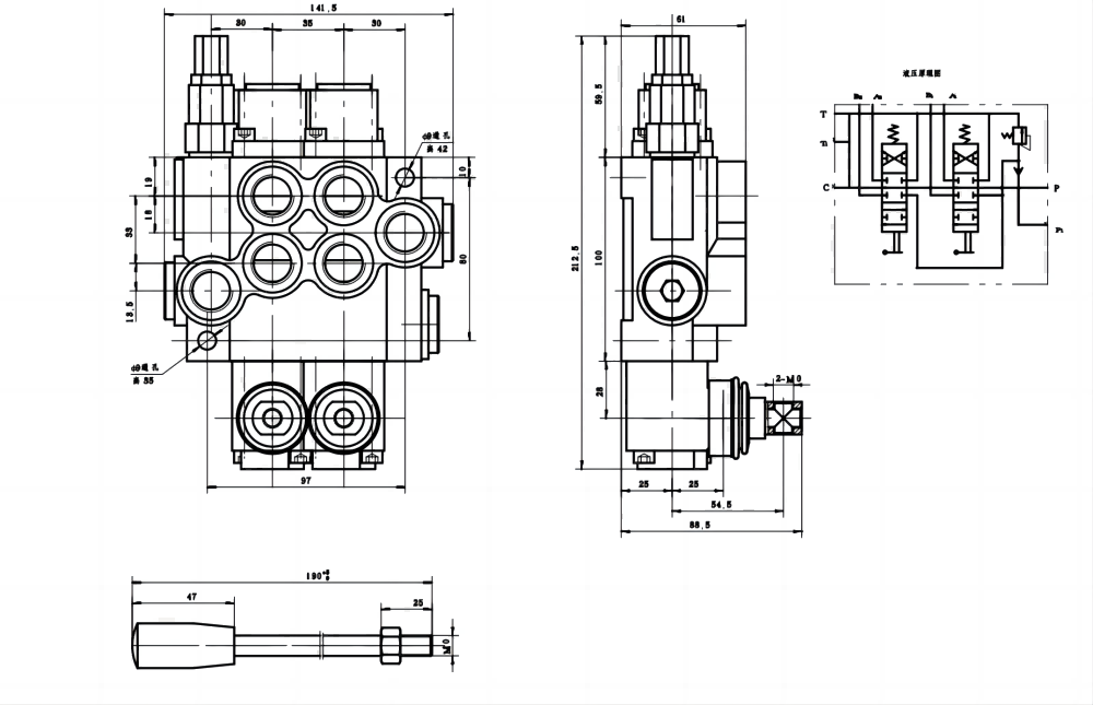 P40-G12-G38-OT 手控 2路 整体换向阀 drawing image