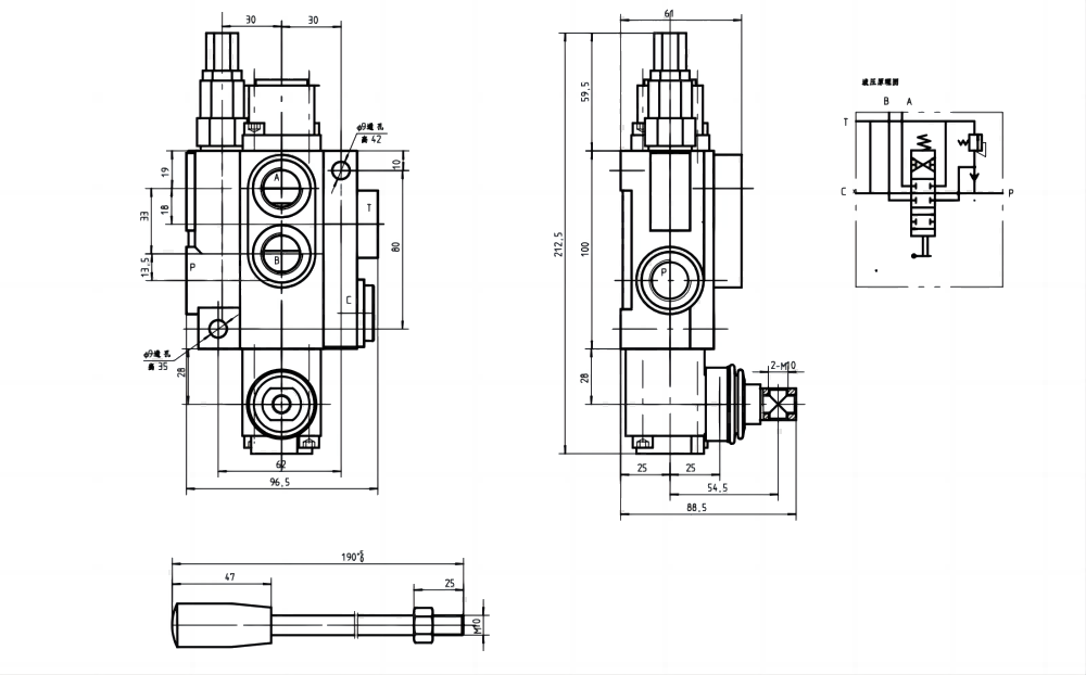 P40-U34 手控 1路 整体换向阀 drawing image