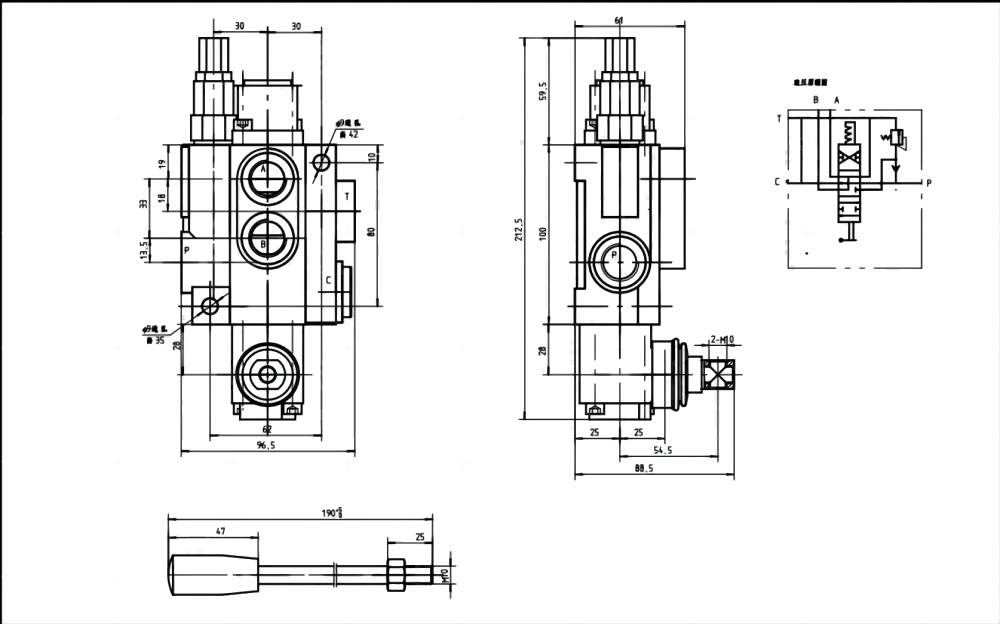 P40-G12-YW 手控 1路 整体换向阀 drawing image