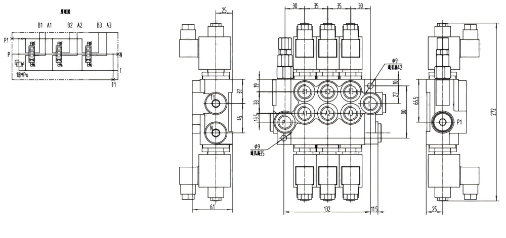 P40-DKL 电磁 3路 整体换向阀 drawing image