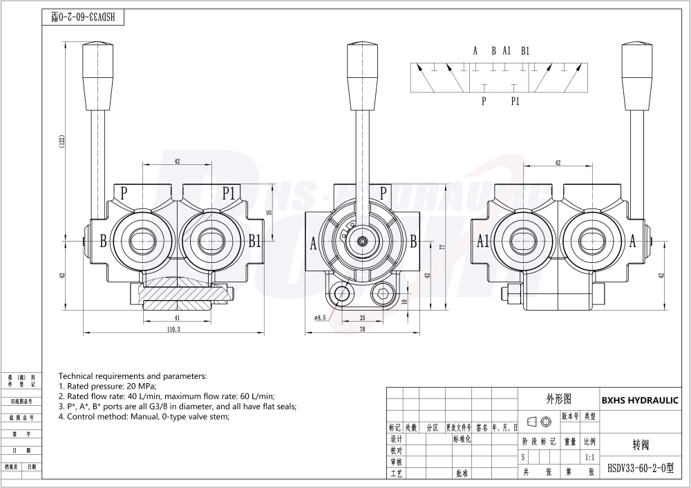 HSDV33-2 手控 1 联 分流阀 drawing image